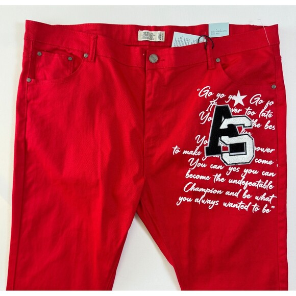 NWT Trestles Supply Co. Men's Red Jeans, Sz 46, Stretch, Motivational Text - Picture 4 of 15